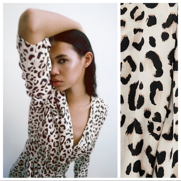 NWT. Zara Cream/Black Satin Effect Animal Print V-neck Wrap Dress. Size M. - Picture 2 of 10